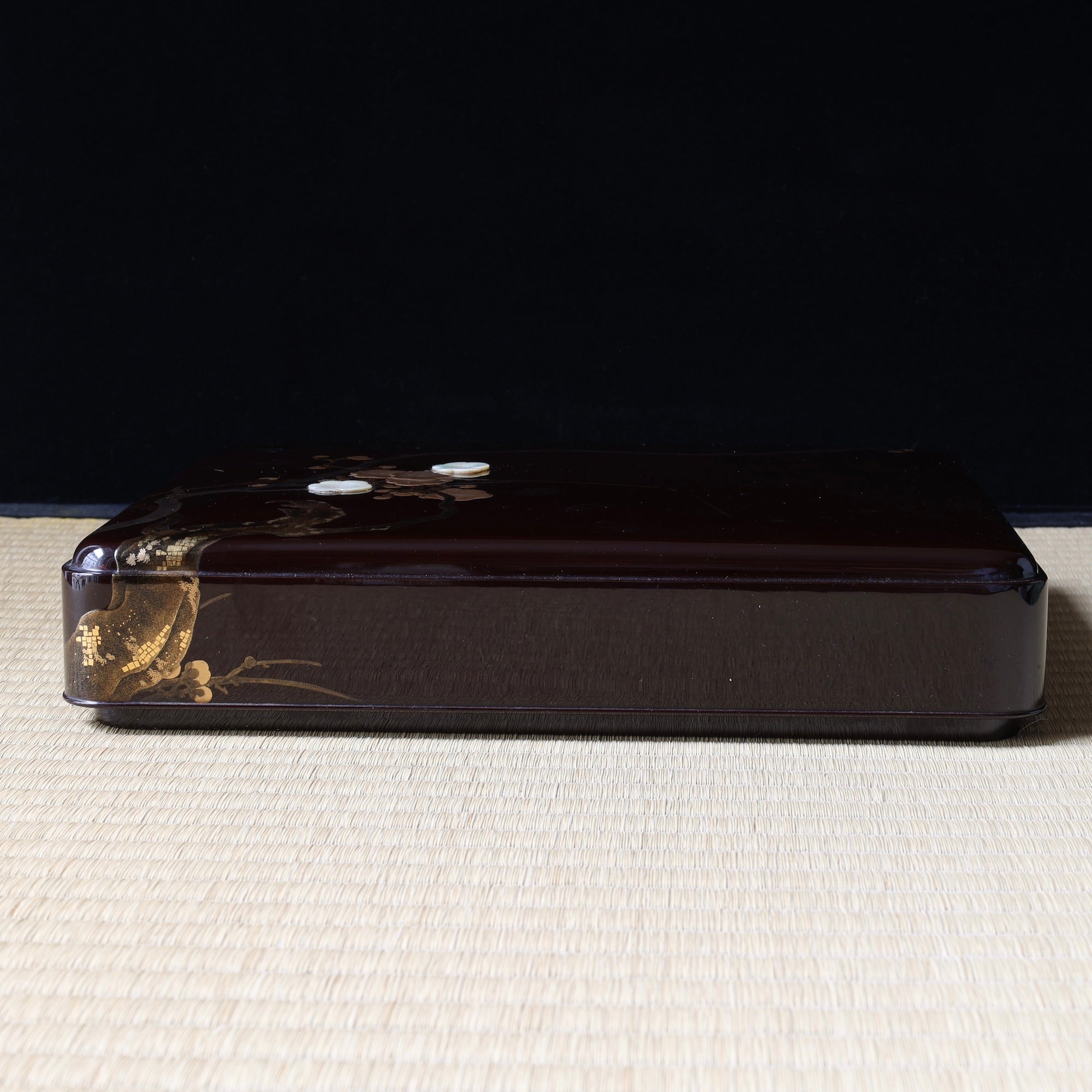 Imperial urushi lacquer, gold and mother-of-pearl suzuribako (Japanese writing box), with ume (plum blossom) decoration