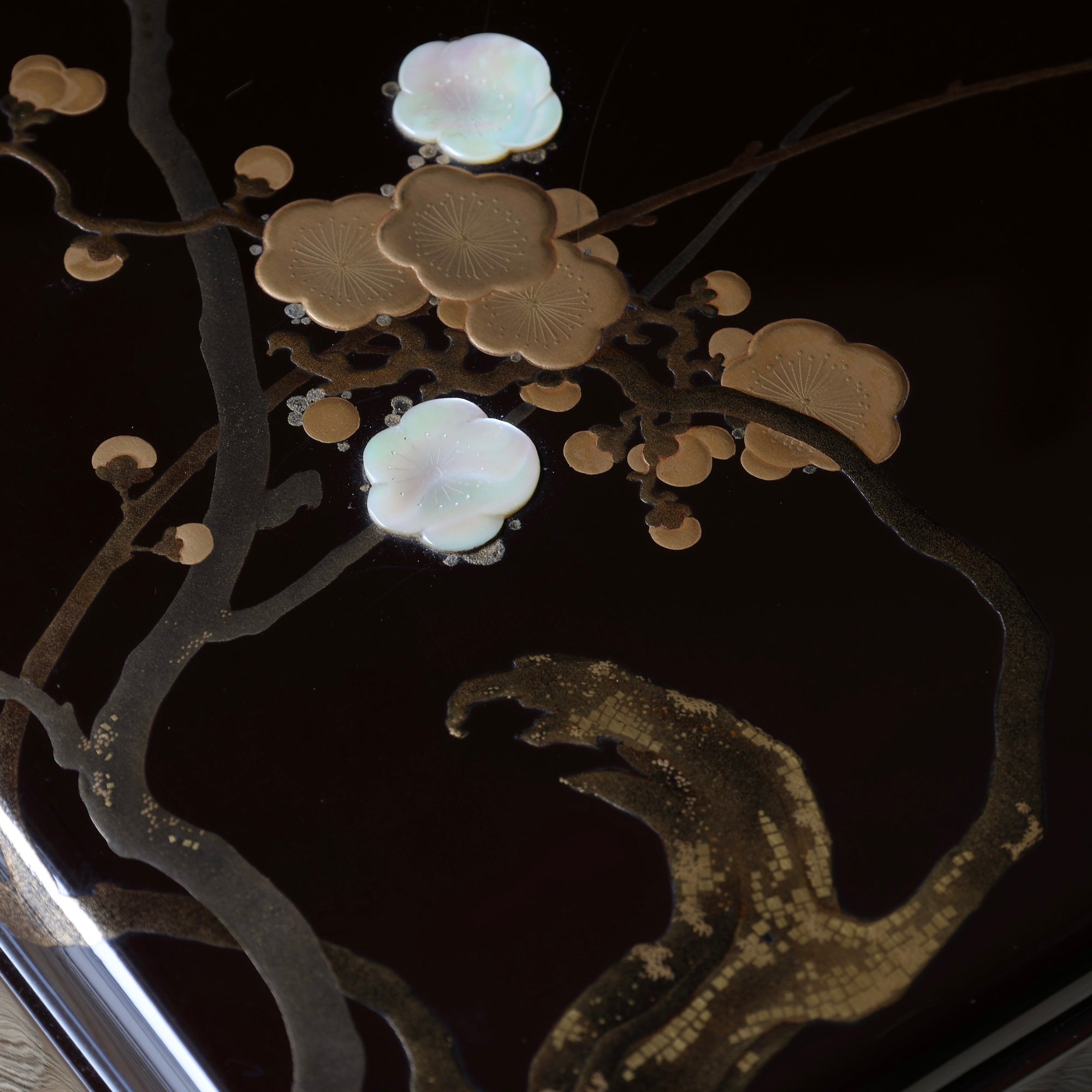 Imperial urushi lacquer, gold and mother-of-pearl suzuribako (Japanese writing box), with ume (plum blossom) decoration