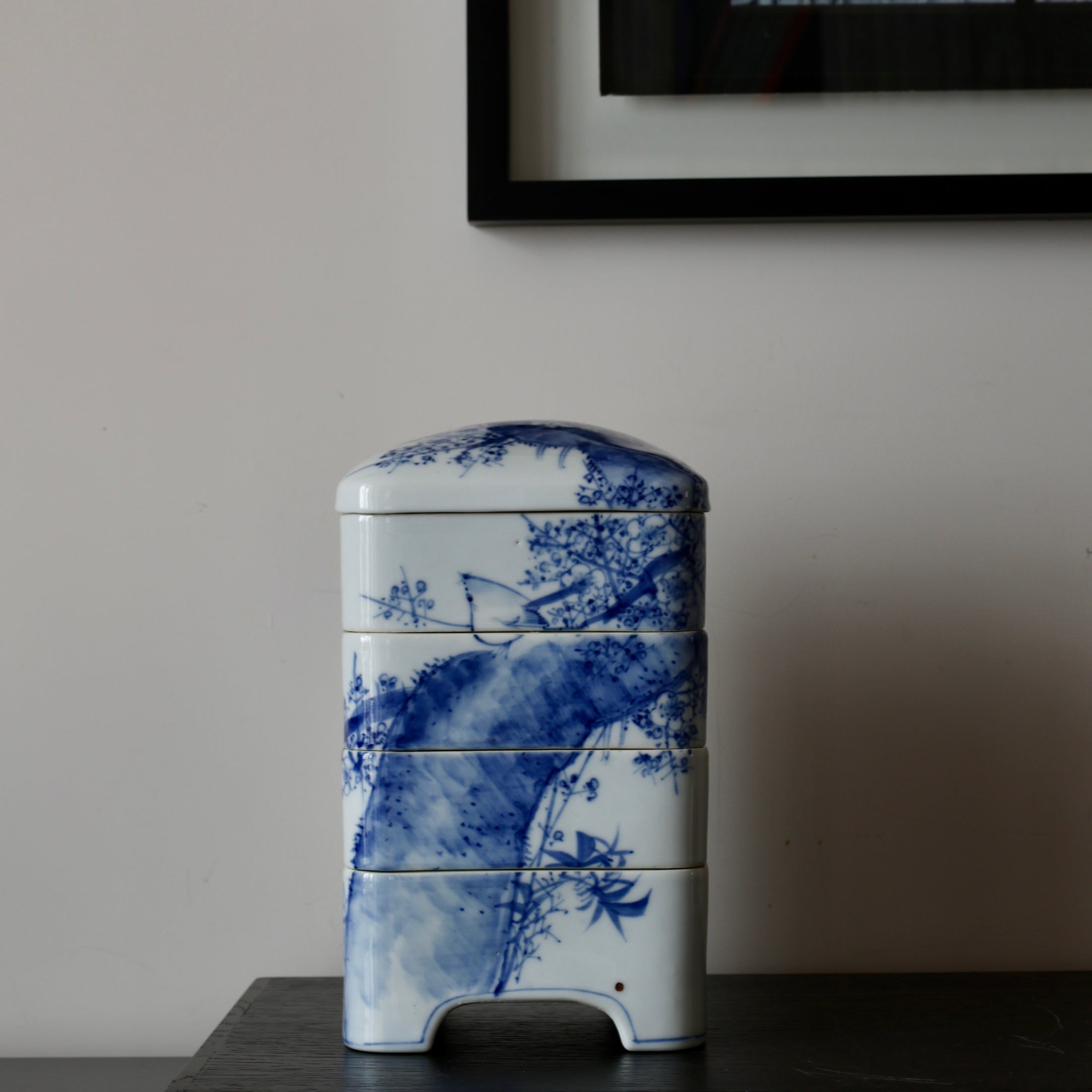 Jubako (stackable boxes) in sometsuke (underglaze blue) porcelain, with bird and plum blossom decoration, Meiji era