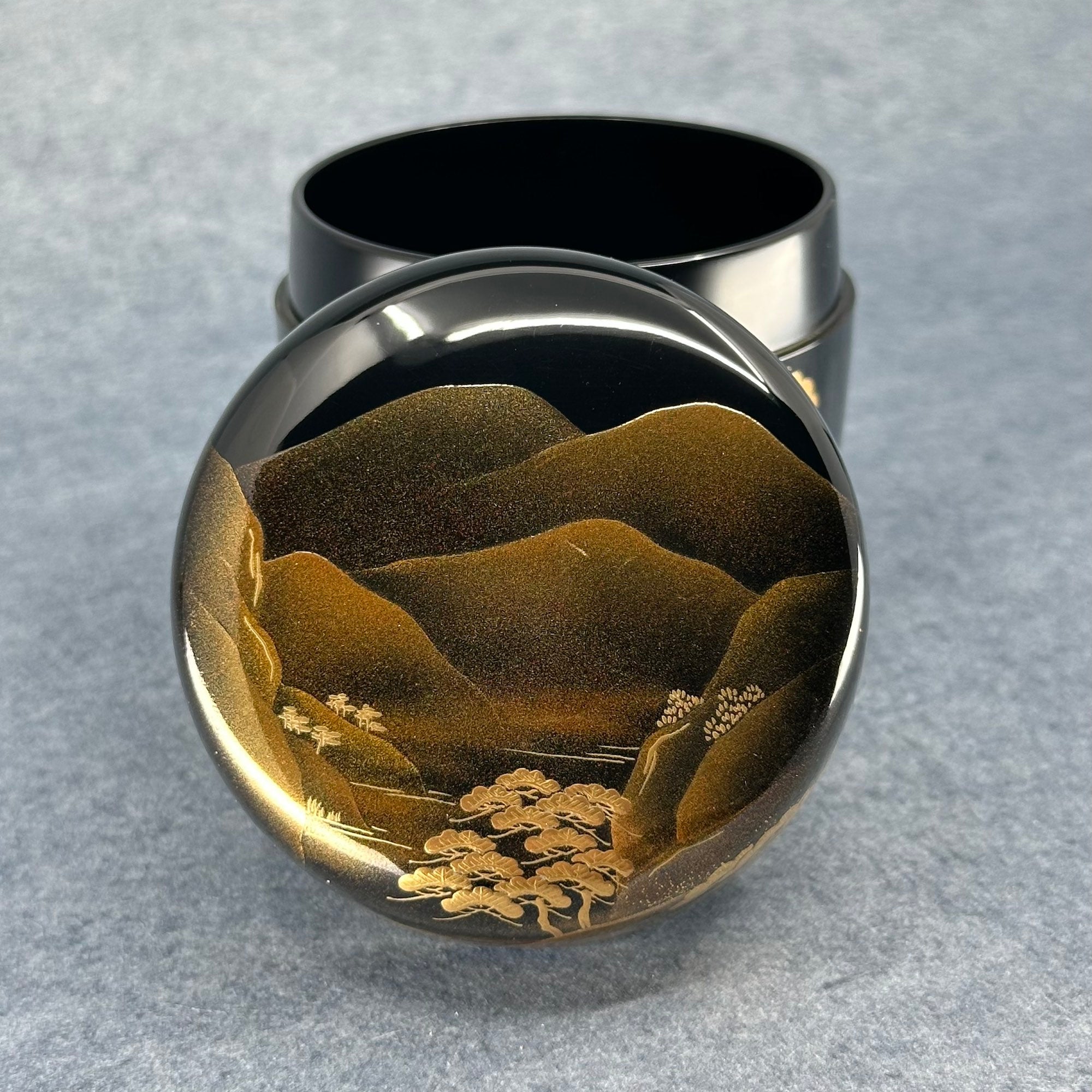 Natsume (boîte à thé japonaise) laque urushi et or, décor de paysage de Hozukyō de Kosaku Kitahama