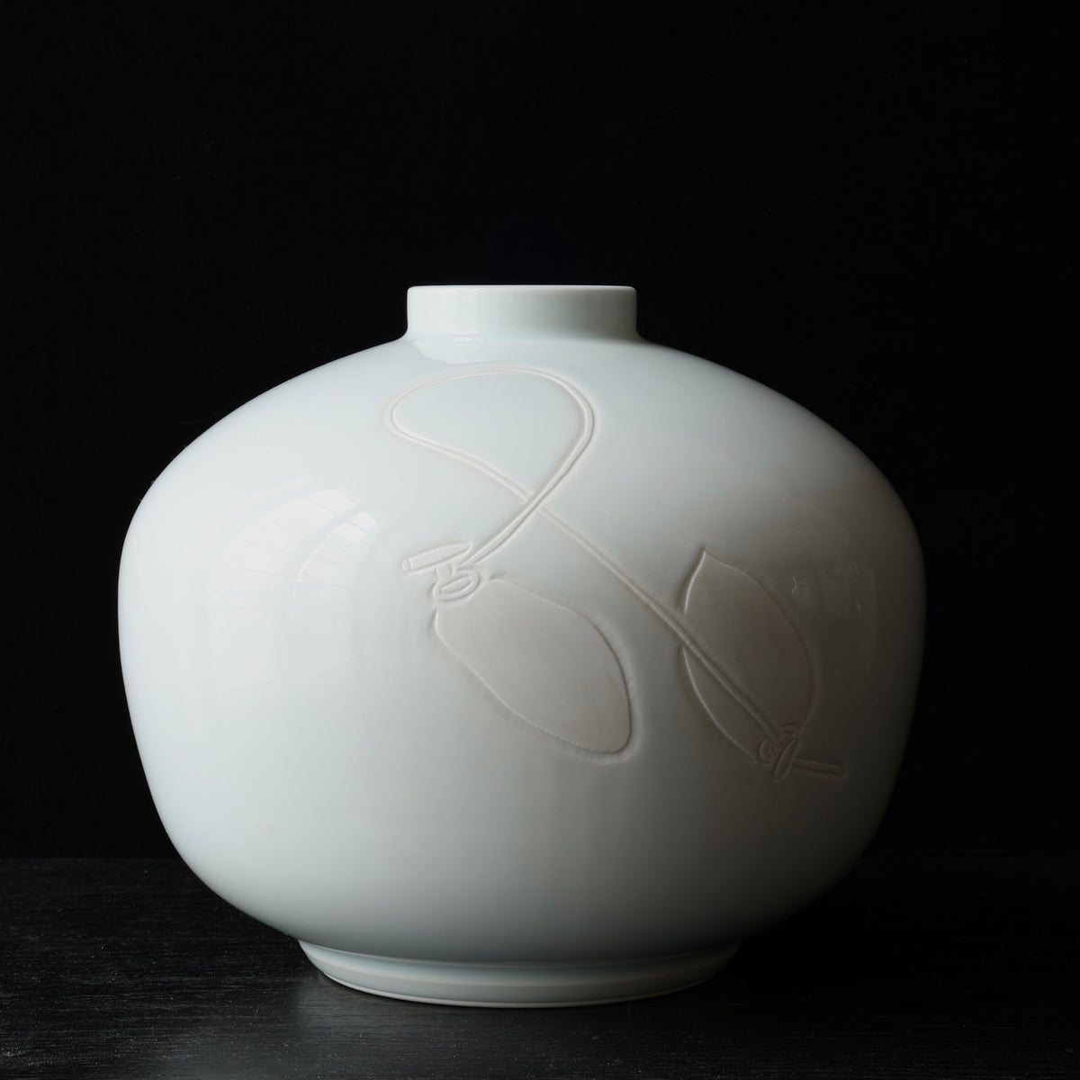 Seihakuji celadon porcelain vase with persimmons by Manji Inoue, Living National Treasure