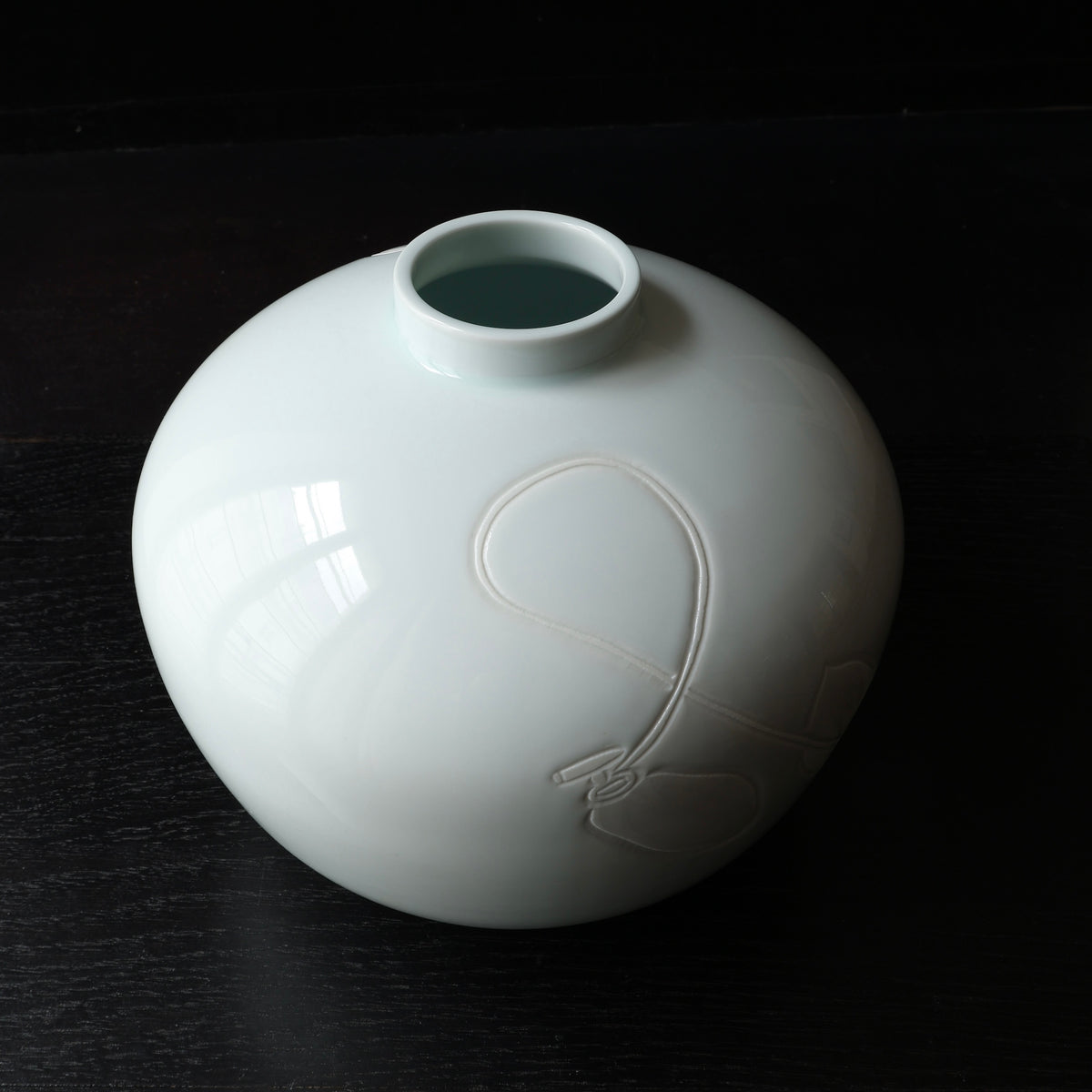 Seihakuji celadon porcelain vase with persimmons by Manji Inoue, Living National Treasure