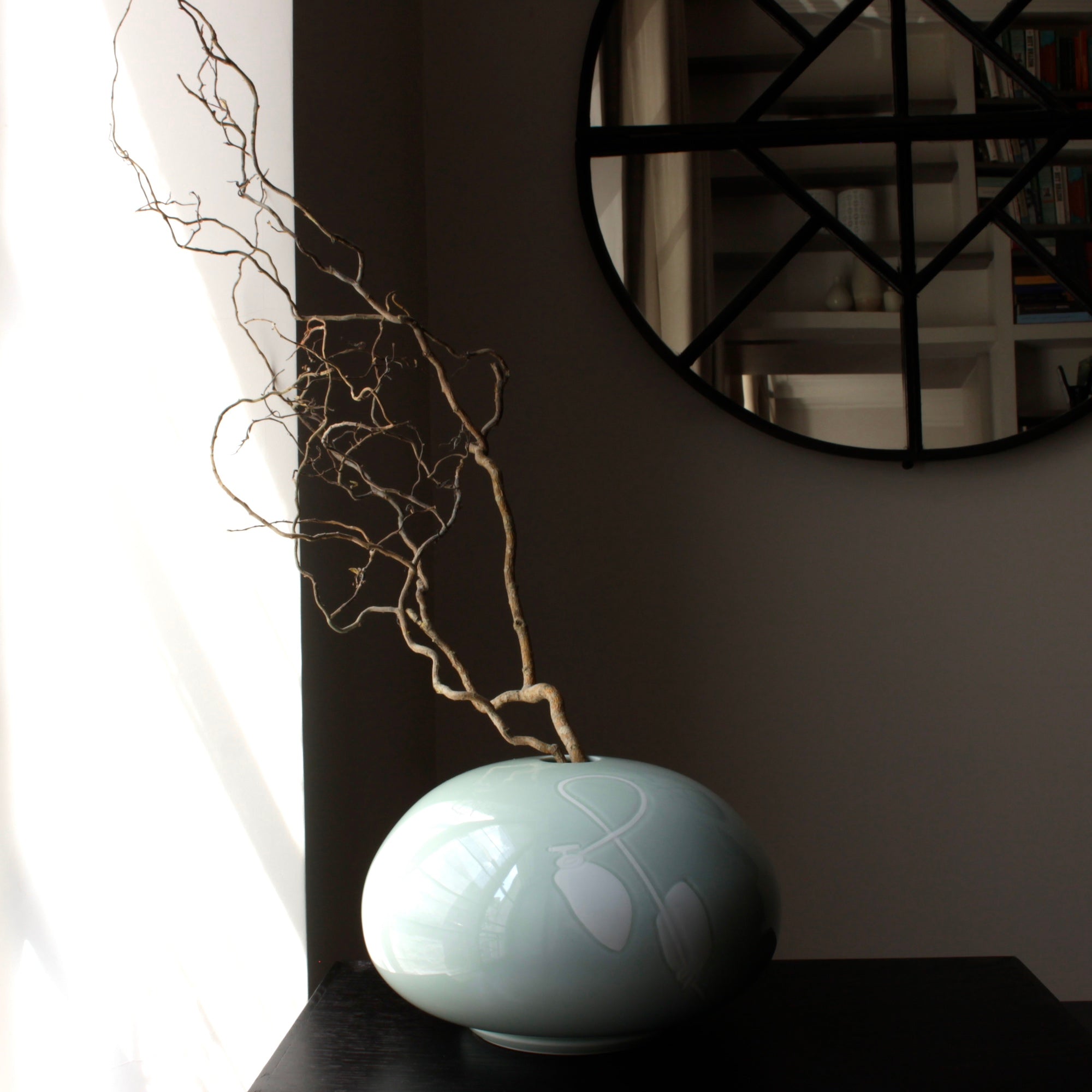 Celadon seihakuji porcelain vase with persimmons by Inoue Manji, Living National Treasure