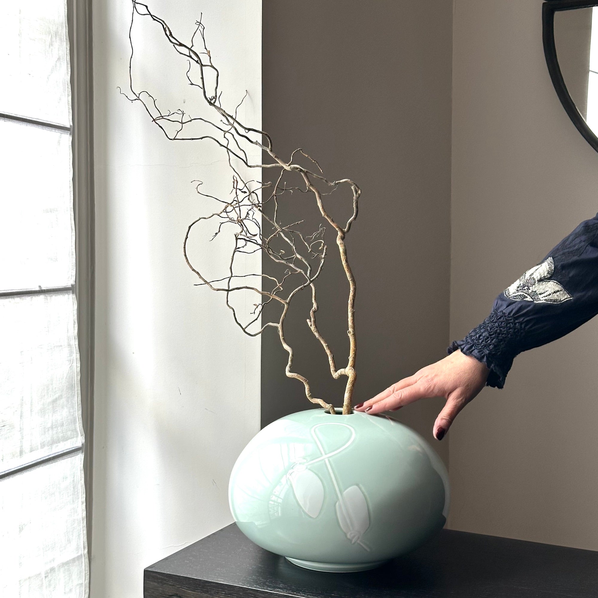 Celadon seihakuji porcelain vase with persimmons by Inoue Manji, Living National Treasure