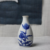 Set of 2 small white ceramic Japanese vases with blue flowers