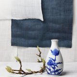 Set of 2 small white ceramic Japanese vases with blue flowers