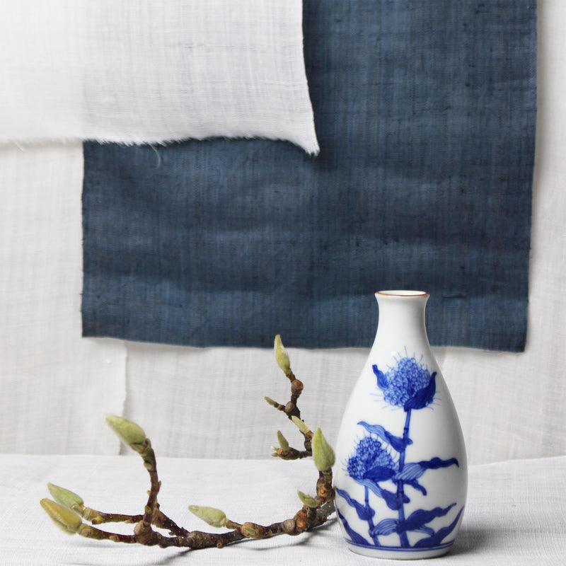 Set of 2 small white ceramic Japanese vases with blue flowers