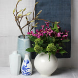 Set of 2 small white ceramic Japanese vases with blue flowers