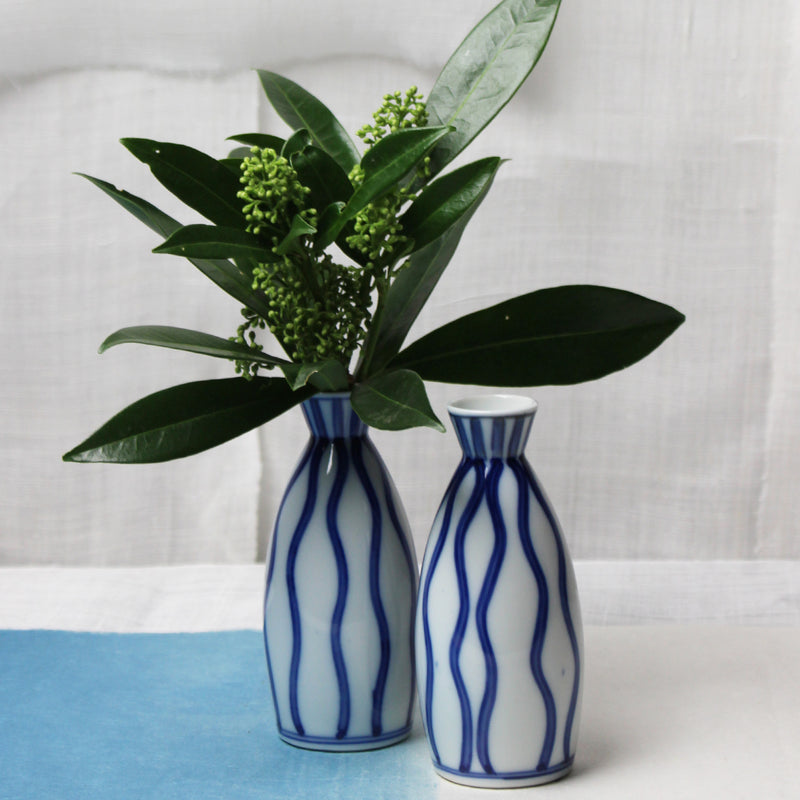 Set of 2 small white ceramic Japanese vases with blue lines
