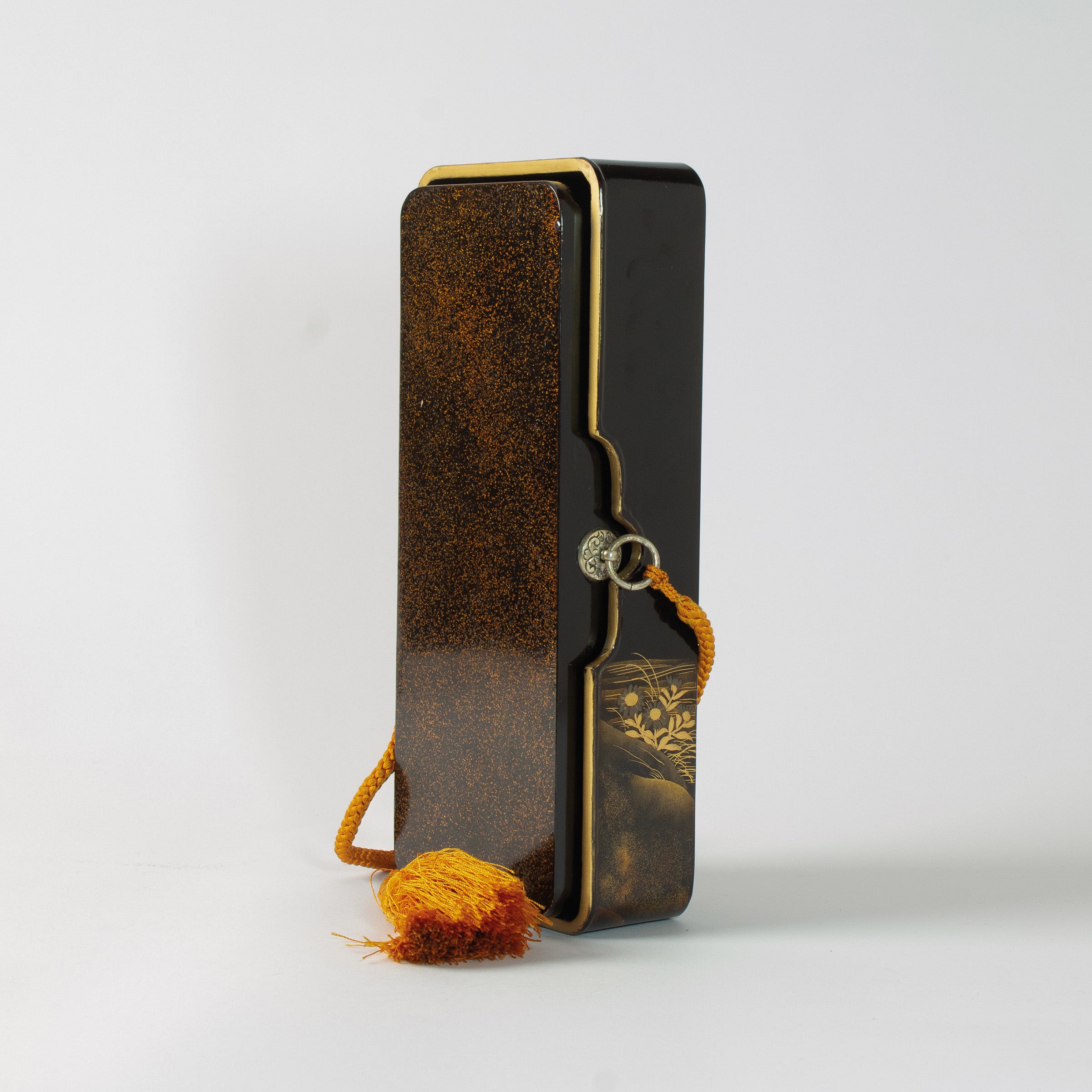 Wajima Japanese urushi lacquer Suzuribako (writing box) with gold and mother-of-pearl maki-e decor of AUTUMN PLANTS (AKI NO NANA KUSA)