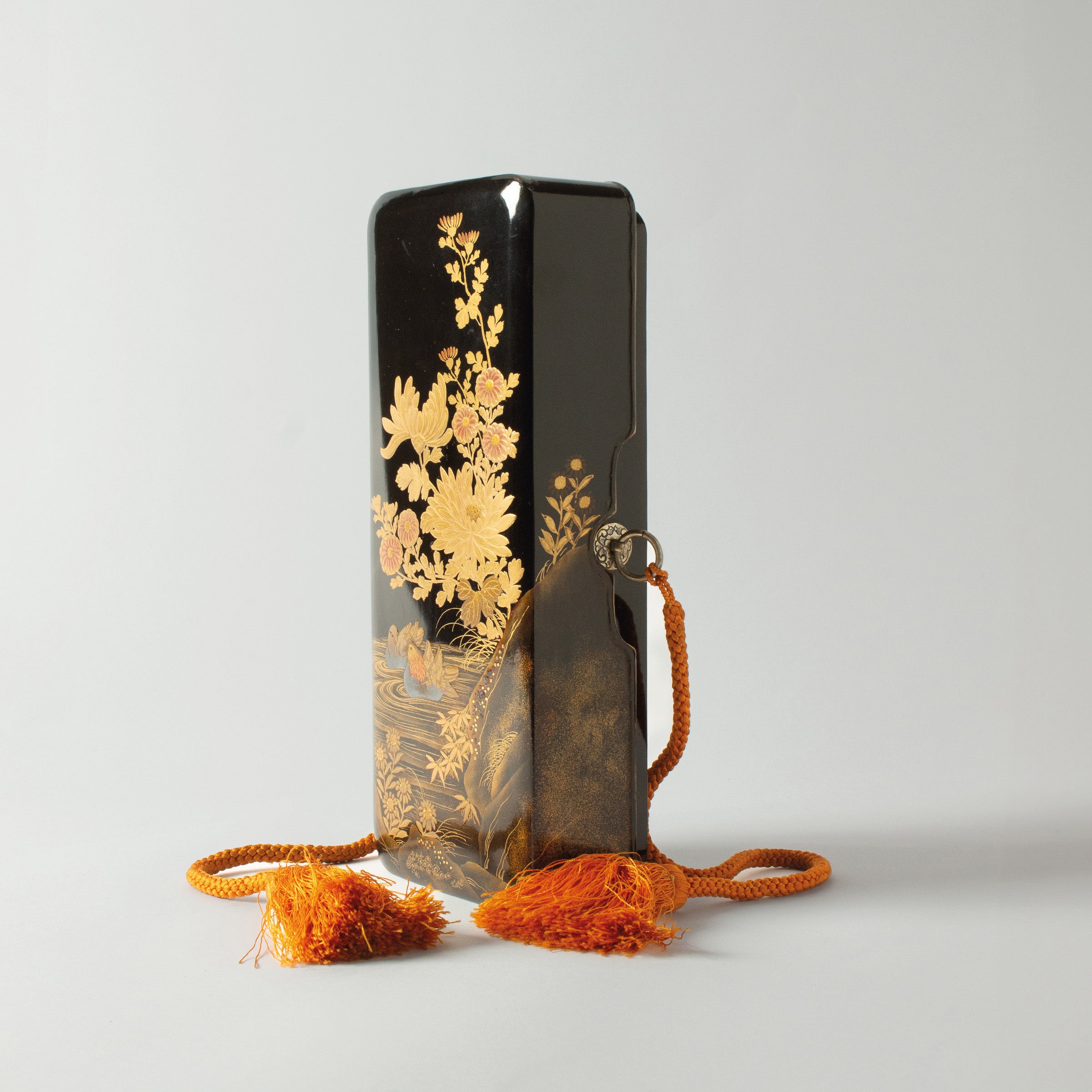 Wajima Japanese urushi lacquer Suzuribako (writing box) with gold and mother-of-pearl maki-e decor of AUTUMN PLANTS (AKI NO NANA KUSA)