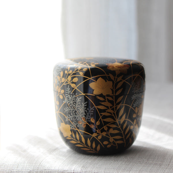 Natsume (boîte à thé) laque urushi japonaise et maki-e, motif campanules et herbes