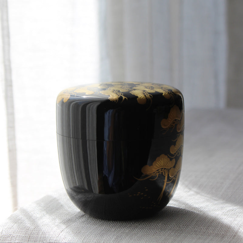 Natsume (boîte à thé) de l'ère Meiji en laque urushi japonaise et maki-e, motif Matsu (pin)