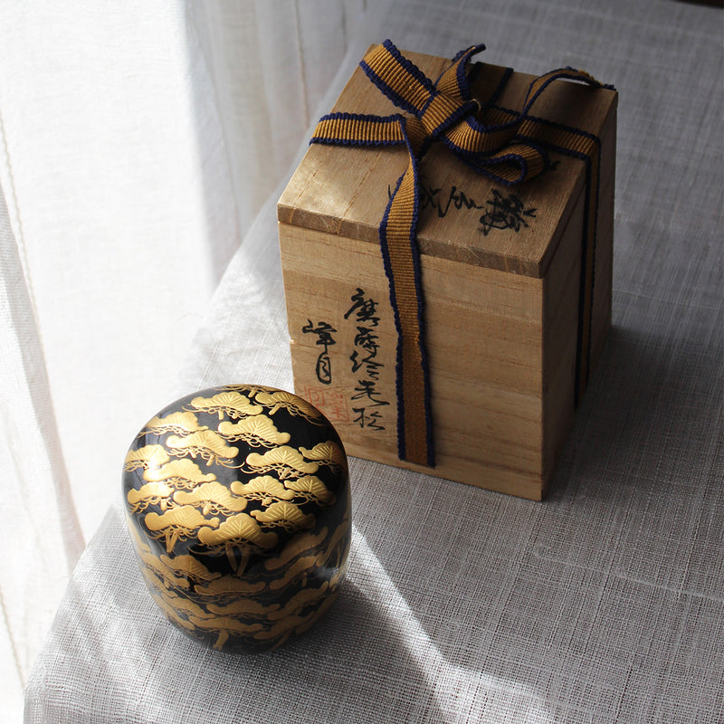 Natsume (boîte à thé) de l'ère Meiji en laque urushi japonaise et maki-e, motif Matsu (pin)