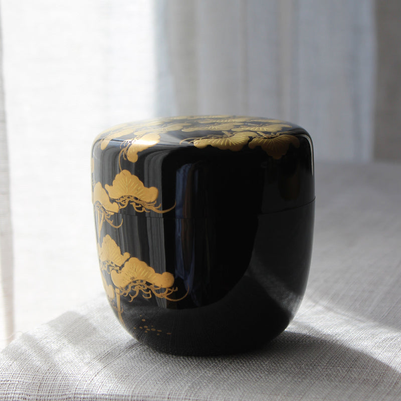 Natsume (boîte à thé) de l'ère Meiji en laque urushi japonaise et maki-e, motif Matsu (pin)