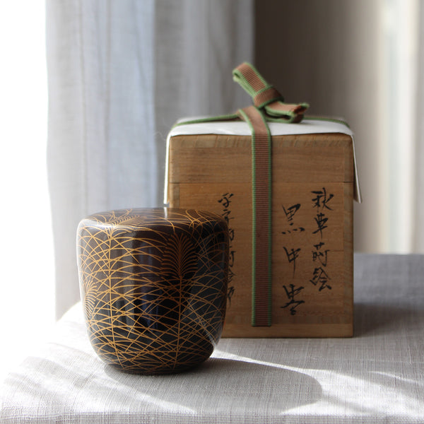 Natsume (boîte à thé) en laque urushi japonaise et maki-e, motif Akikusa (herbes d'automne) et Tsugi (lune)