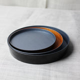 Set of 3 Japanese wooden plates, black urushi lacquer and metallic blue pigment