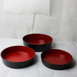 Set of 3 Japanese wooden plates, black and red urushi lacquer
