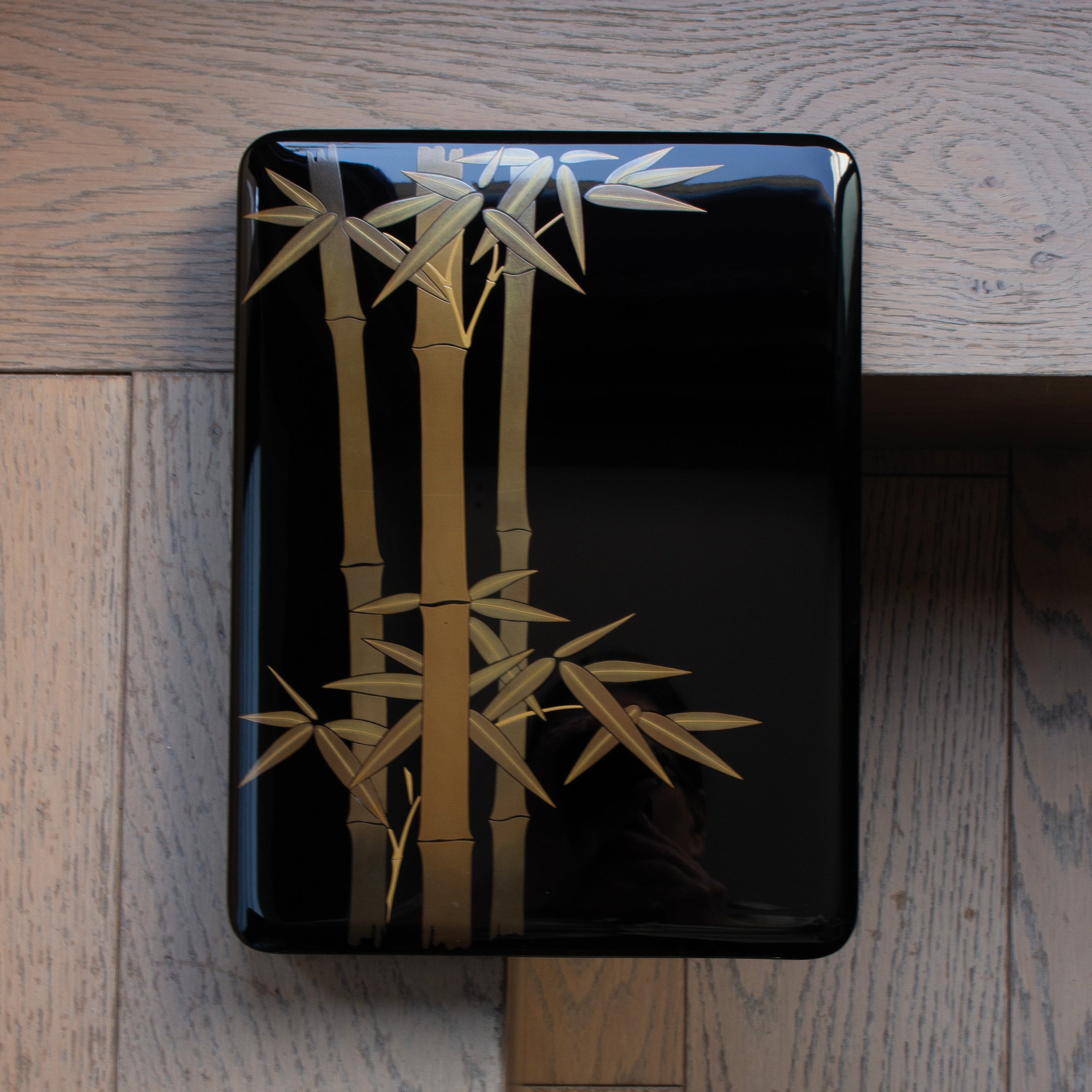 Suzuribako in Japanese urushi lacquer by Wajima – gold maki-e bamboo decoration