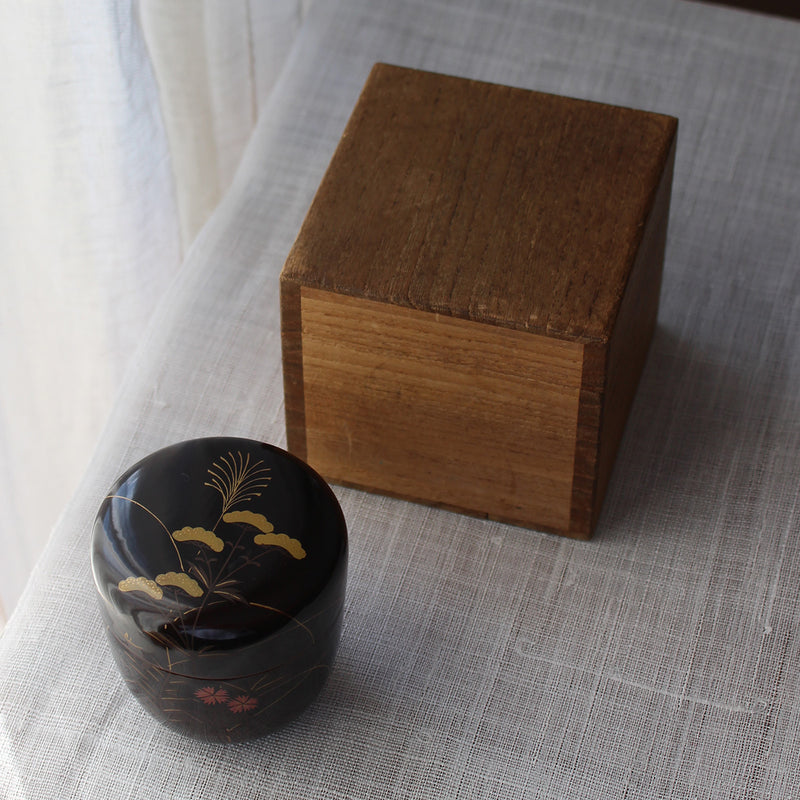 Natsume (boîte à thé) japonais en laque urushi et maki-e, motif Fleurs Sauvages