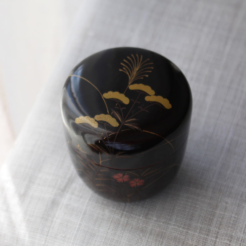 Natsume (boîte à thé) japonais en laque urushi et maki-e, motif Fleurs Sauvages