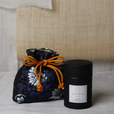 Gift Box with Nishijin weaving pouch in blue, black and white flower brocade and Hojicha tea