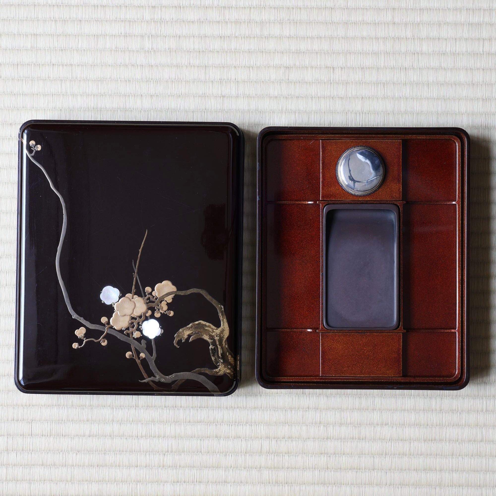 Imperial urushi lacquer, gold and mother-of-pearl suzuribako (Japanese writing box), with ume (plum blossom) decoration