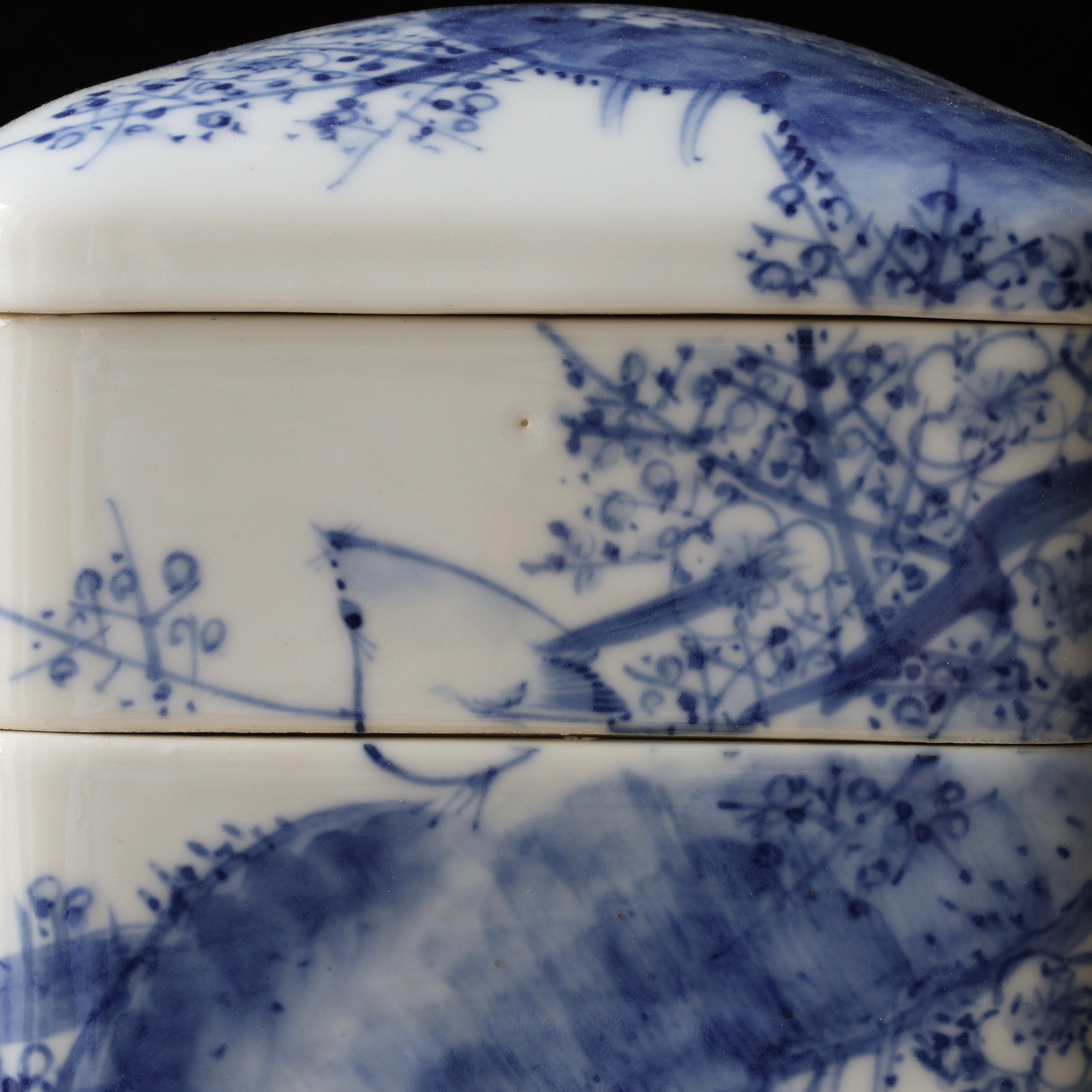 Jubako (stackable boxes) in sometsuke (underglaze blue) porcelain, with bird and plum blossom decoration, Meiji era