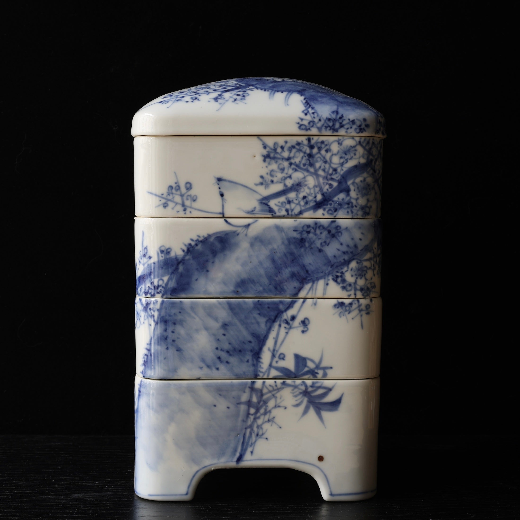 Jubako (stackable boxes) in sometsuke (underglaze blue) porcelain, with bird and plum blossom decoration, Meiji era