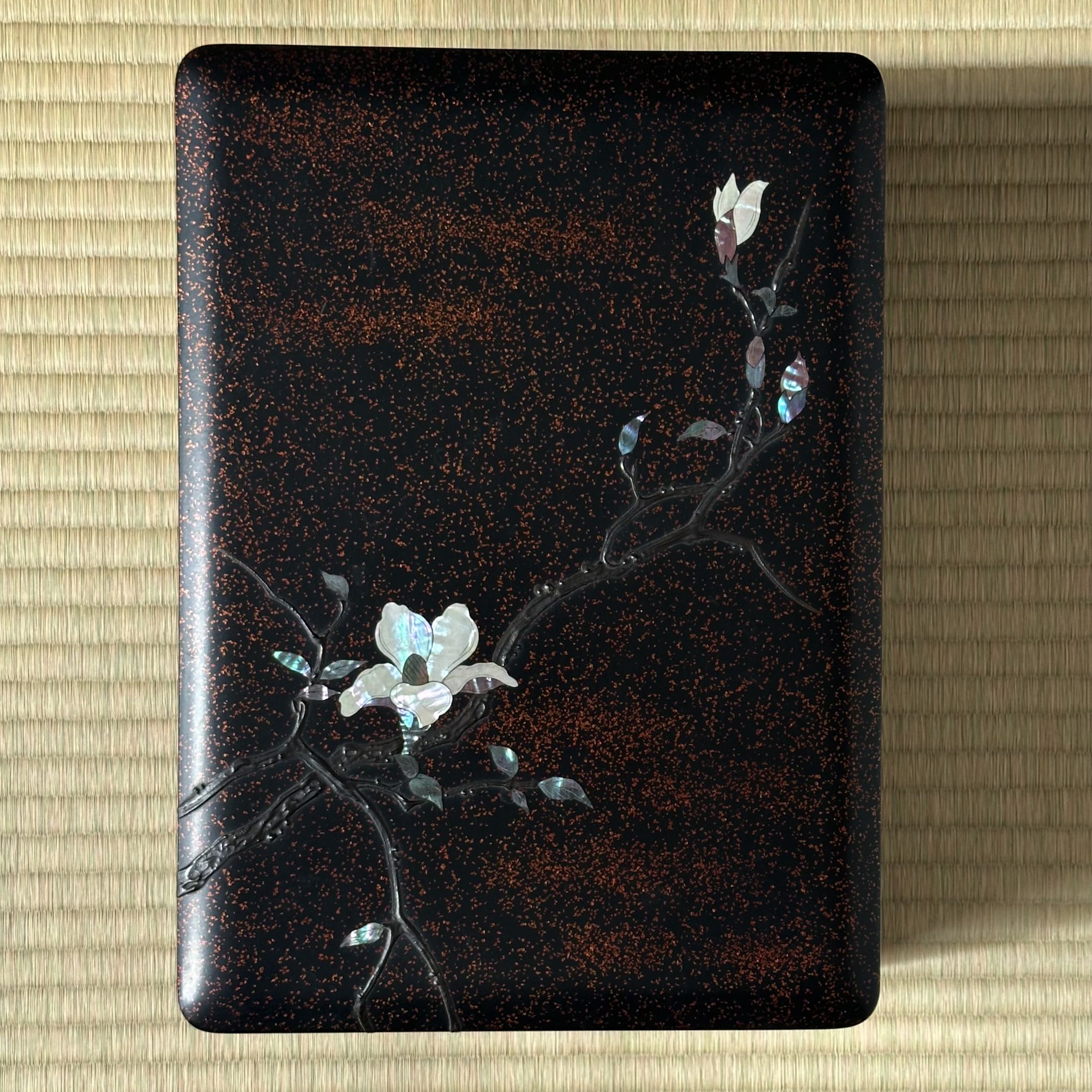 Urushi lacquer bunkobako (Japanese document box) with kin hirame (gold powder) and aogai nuri (mother-of-pearl) decoration of kobushi (magnolia) by Musashigawa Shūzan