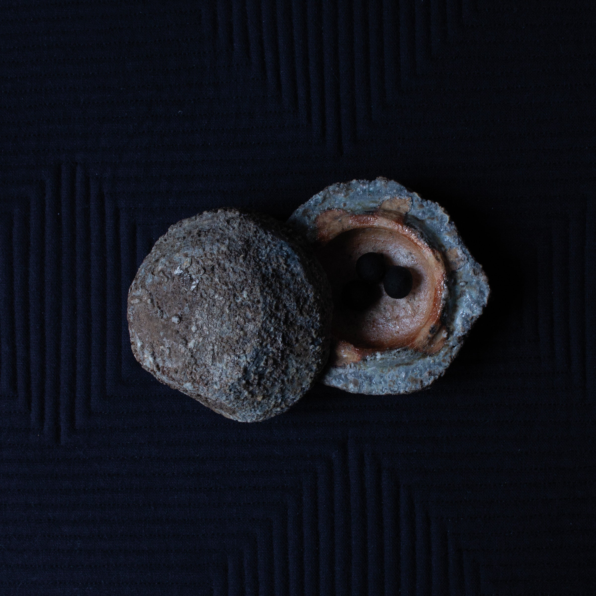 Ceramic Kōgō by Kamiyama Yasuhisa and Japanese nerikō (incense balls)
