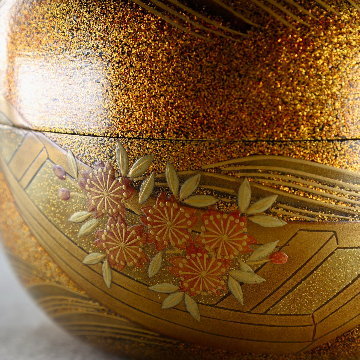 Natsume (Japanese tea caddy) lacquer and gold, hanaikada (flower rafts) design by Ken Matsumura