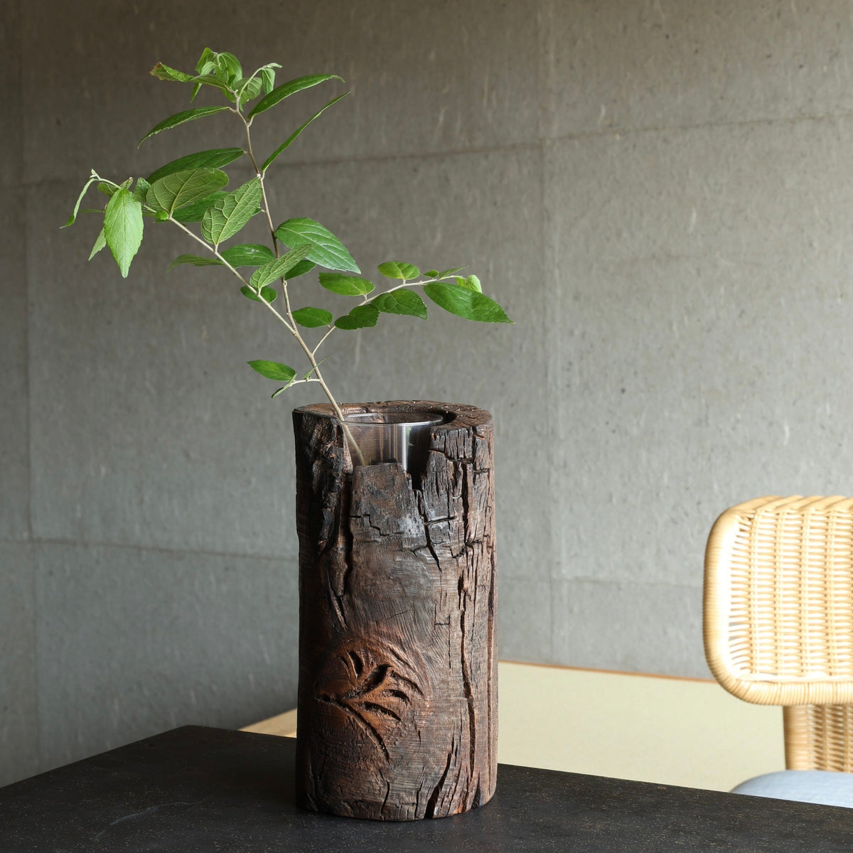 Smoked ichijiku (Japanese fig wood) sculptural vase by Masahito Ikeda