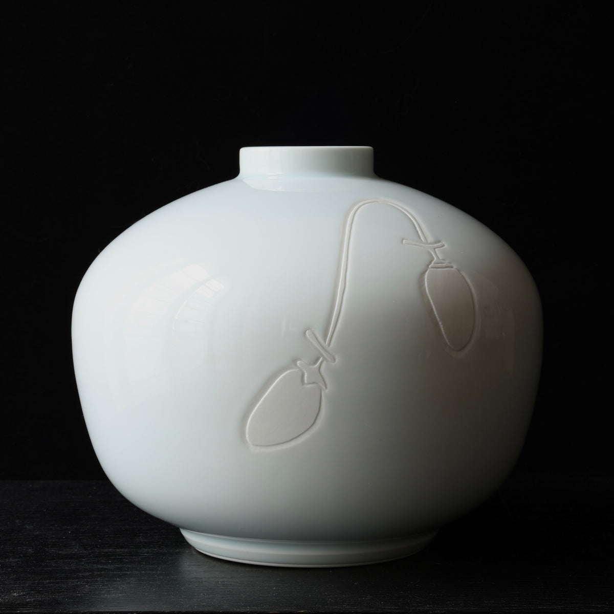 Seihakuji celadon porcelain vase with persimmons by Manji Inoue, Living National Treasure