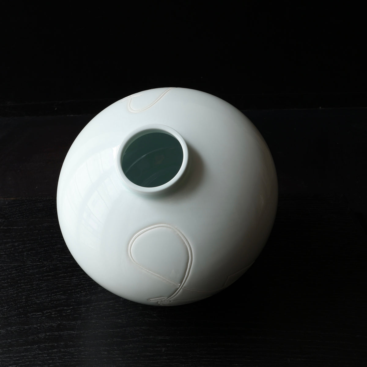 Seihakuji celadon porcelain vase with persimmons by Manji Inoue, Living National Treasure