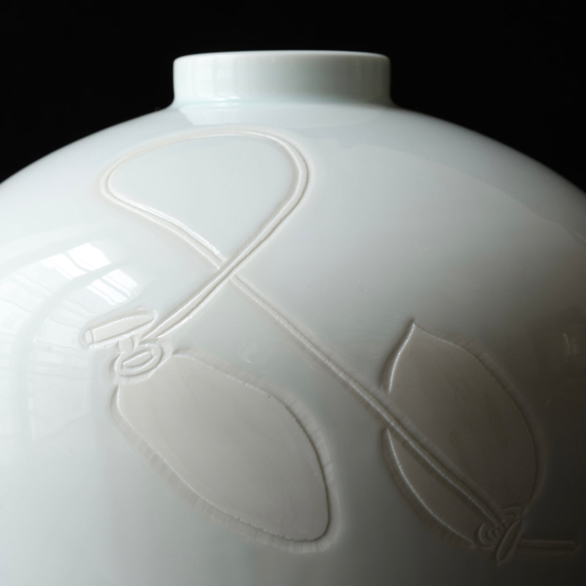 Seihakuji celadon porcelain vase with persimmons by Manji Inoue, Living National Treasure