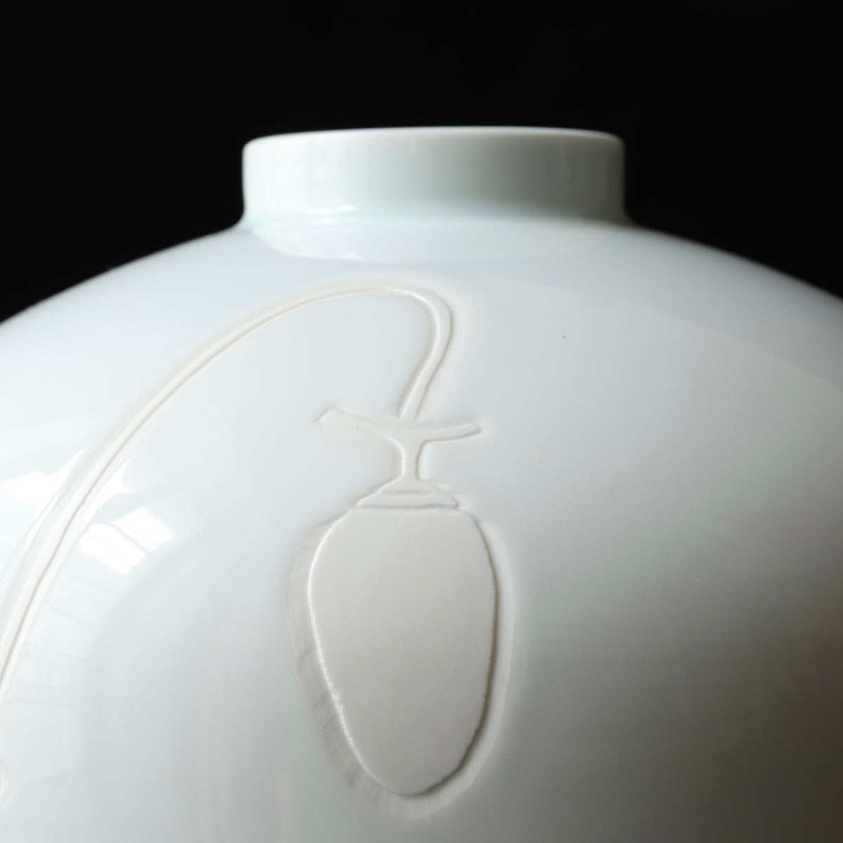 Seihakuji celadon porcelain vase with persimmons by Manji Inoue, Living National Treasure