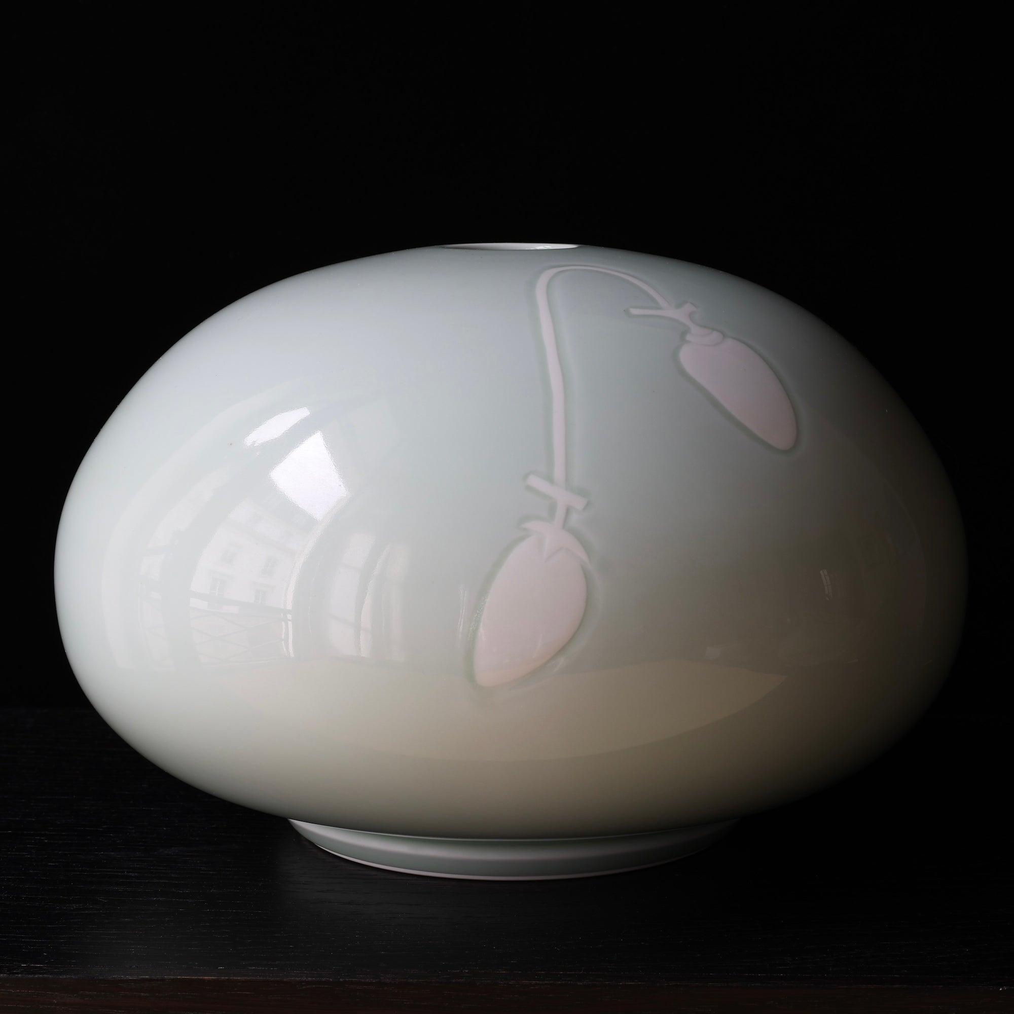 Celadon seihakuji porcelain vase with persimmons by Inoue Manji, Living National Treasure