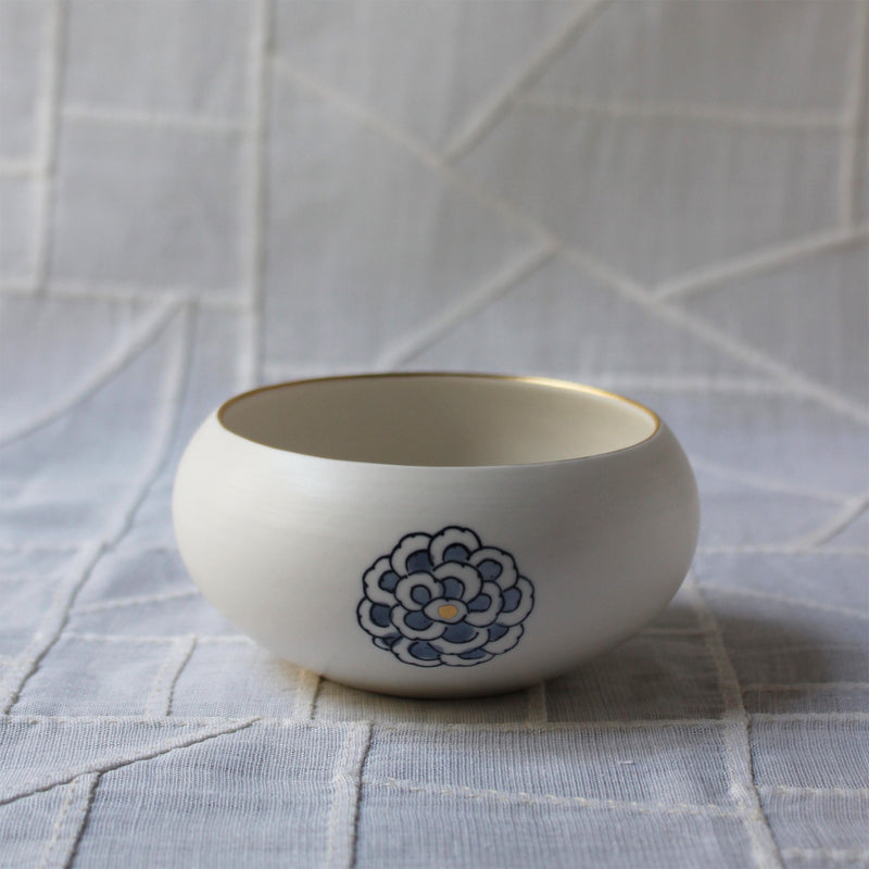 White Porcelain, Blue Peonies and Gold Butterfly Bowl by Park Sun-Young