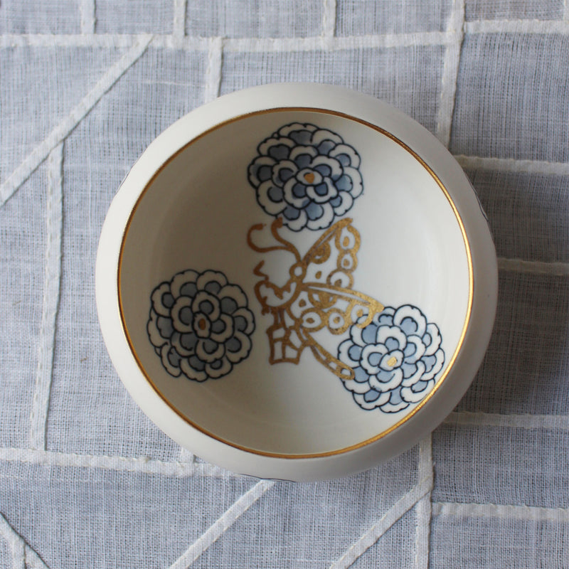 White Porcelain, Blue Peonies and Gold Butterfly Bowl by Park Sun-Young