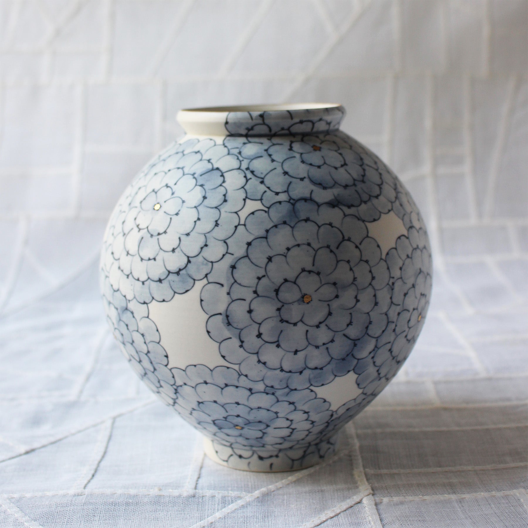 Moon Jar, Korean White Porcelain Vase, Blue Peonies, Gold, by Park Sun-Young