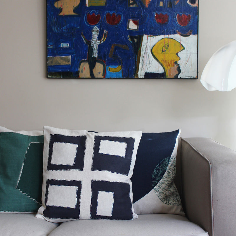 CUSHION COVER 45x45CM NAVY AND OFF-WHITE PATCHWORK