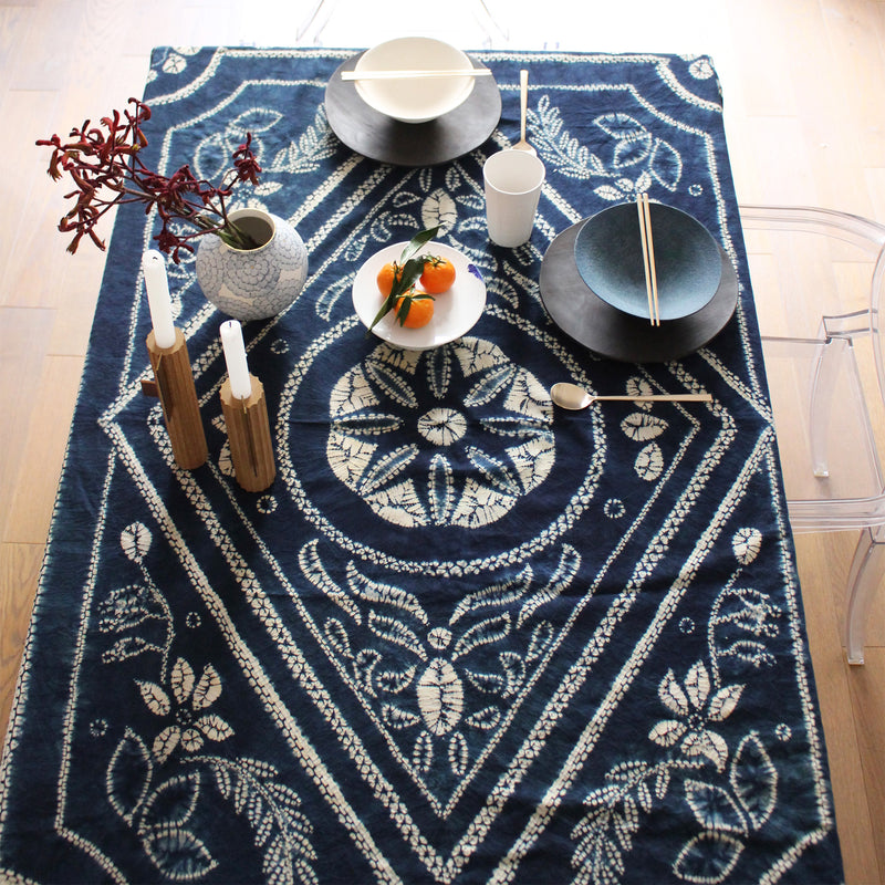 Japanese Tablecloth 207x150cm Natural Indigo Dye and Shibori Technique